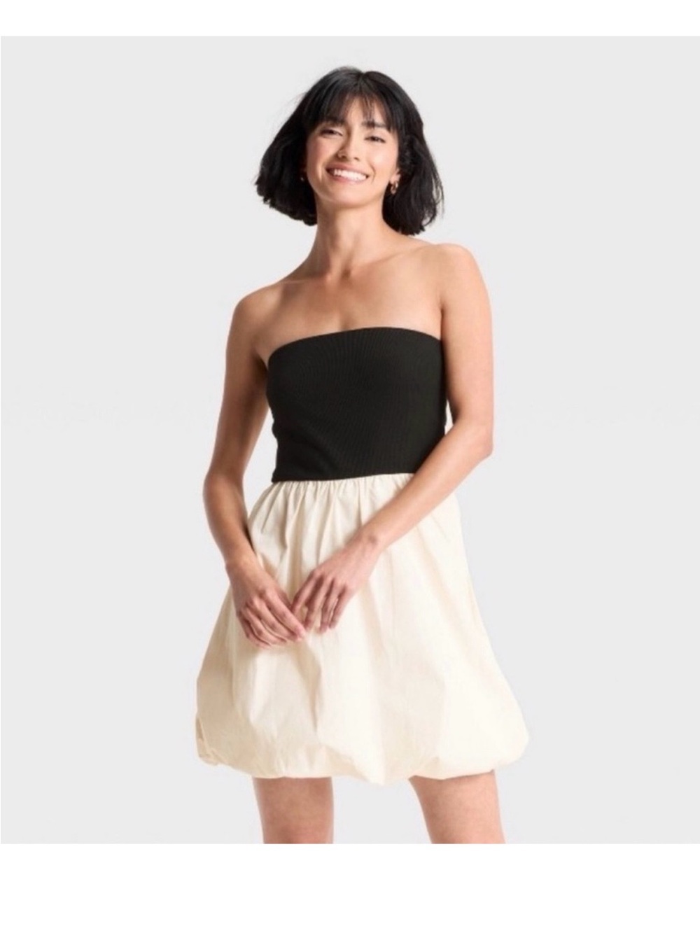 Women's Strapless Bubble Hem Mini Dress - A New Day Black and Cream Colorblock